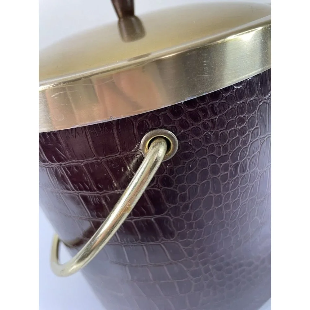 Vintage Faux Leather Crocodile Print Ice Bucket w/ Gold Handle & Lid, Barware